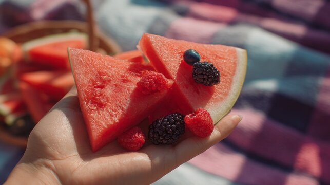 concept of summer relaxation. healthy Gen Z lifestyle. Hand holding assorted fresh fruits including watermelon, strawberries, blueberries, and raspberries on a pink blanket outdoors