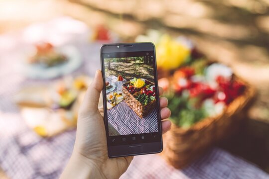 concept of sharing moments on social media. Gen Z lifestyle. Person holding smartphone capturing photo of picnic basket filled with fresh fruits and vegetables outdoors