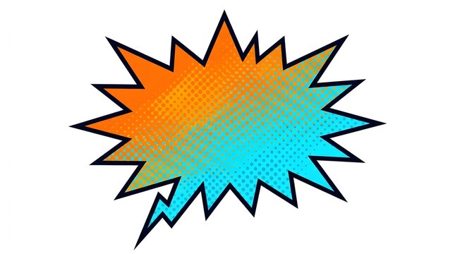 Comic book explosion bubble featuring halftone dots and a warm color gradient.