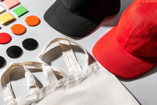 concept of branded festival products. Gen Z. Red and black baseball caps with a beige tote bag and colorful buttons on a gray surface for promotional use