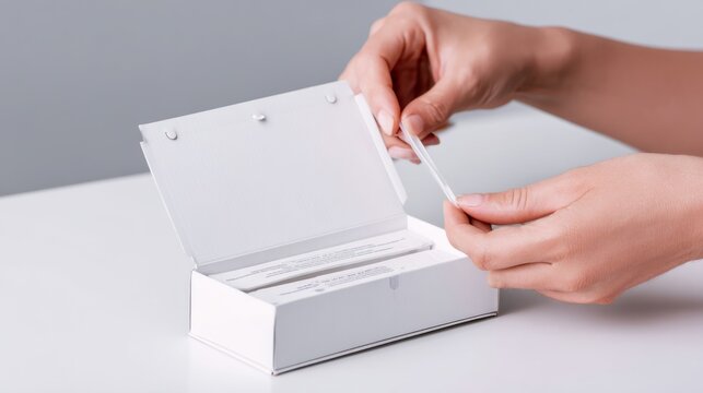DNA test kit box. concept of starting family DNA test. Hands holding a white box with open lid, revealing contents inside, on a light surface for product display