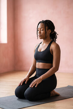 African American young woman meditating in peaceful yoga pose