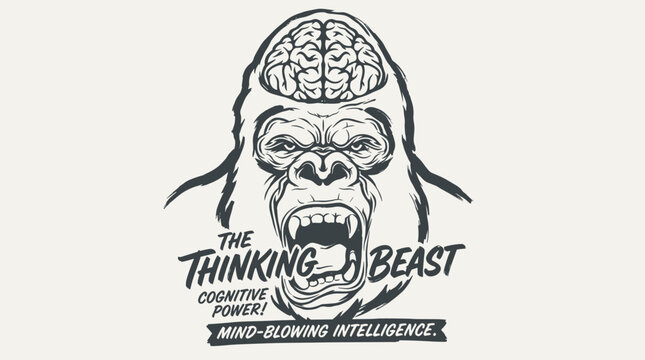 Smart gorilla head with exposed brain illustration. Cognitive power beast animal mascot logo. Vintage hand drawn style for streetwear design. Powerful primate mind graphic.