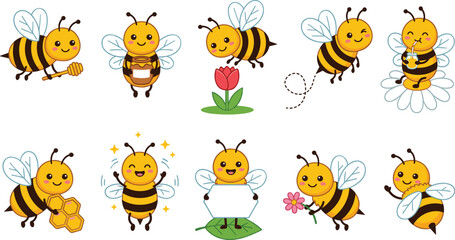 Obraz premium Cute Honey Bee Cartoon Character Vector Icon Set with Mascot Flying Holding Honeycomb Dipper Jar and Flower for Children Graphic Designs