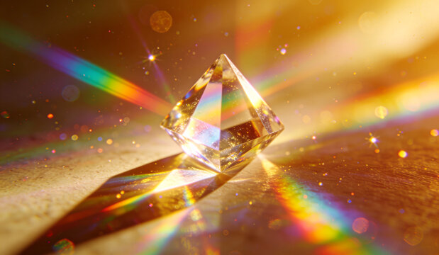 A mysterious appearance glowing with rainbow light through a transparent crystal prism