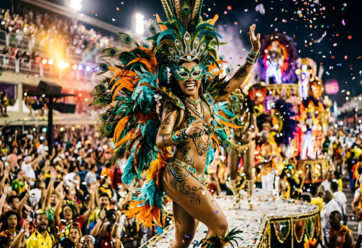 Vibrant carnival dancer in elaborate feathers on festive parade float
