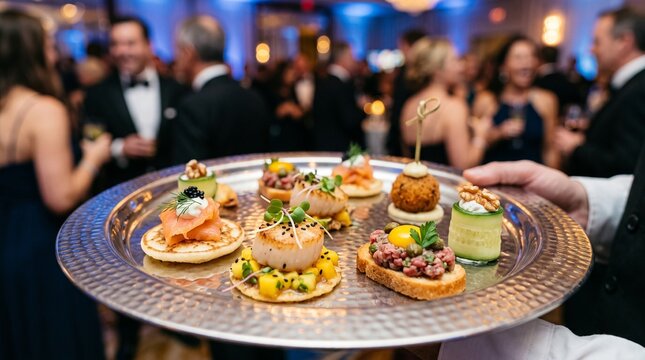 Catering waiter serving gourmet appetizers at a luxury gala reception