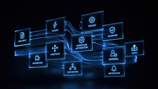 Workflow automation process diagram with glowing interface panels showing data integration routing and approval task conditions.