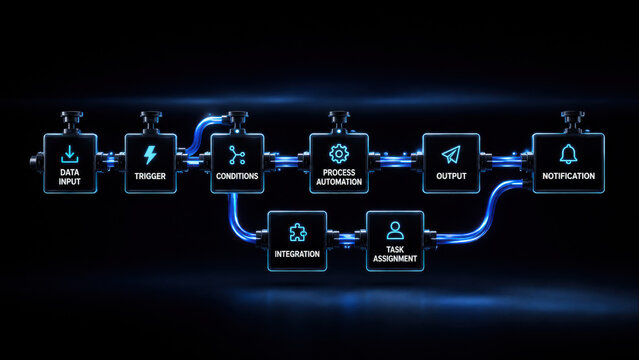 Automated software pipeline sequence displaying logic conditions and task assignment nodes in a glowing digital interface network.