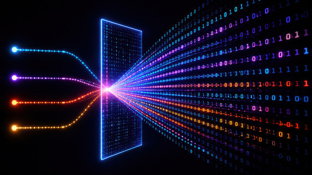 Binary code data conversion portal transforming glowing fiber optic network streams into structured digital information.