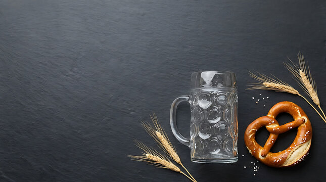 Glass of cold beer and fresh pretzels on a dark background with copy space