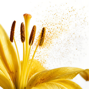 Macro shot of yellow lily stamen releasing pollen grains into the air.