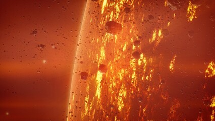 Apocalyptic space concept, asteroid meteor floating over burning volcanic planet. 3d rendering. © SohubProduction