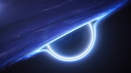 Supermassive black hole, Blue glowing accretion disk in deep space background. 3d rendering. © SohubProduction