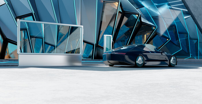3d rendering electric vehicle charging at modern futuristic station