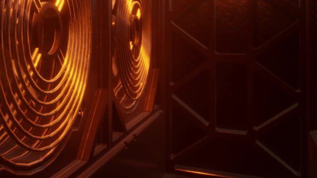 Two large fans are visible in a dark industrial setting. The space has warm lighting, creating a focused atmosphere around the machinery. The fans are essential for ventilation and cooling.