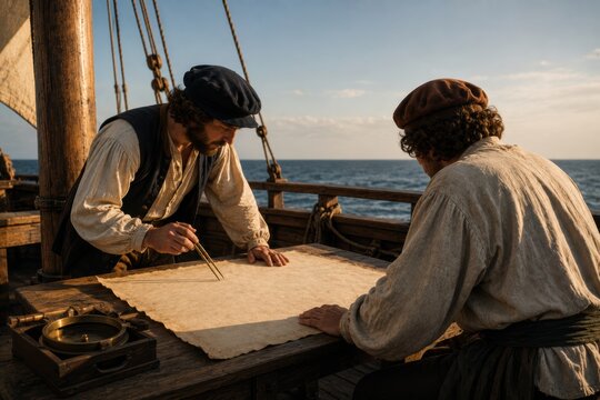 Historical Sailors Studying Navigation Chart on Wooden Ship
