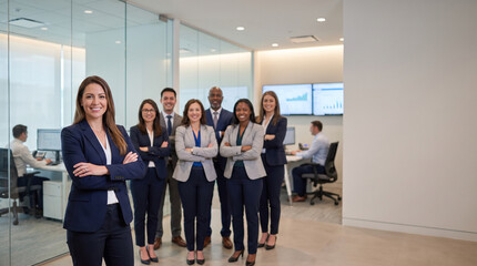 Obraz premium Insurance claims manager leads diverse specialist team in modern office, highlighting claims handling, risk analysis, customer service, policy support and professional insurance services.