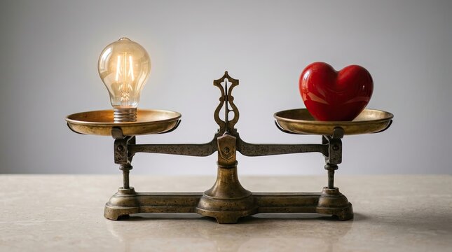 Balance between love and work concept with a heart and lightbulb on scales