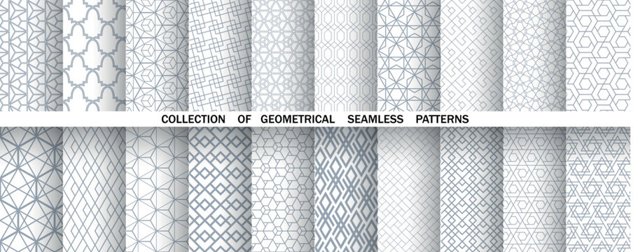 Geometric set of seamless gray and white patterns. Simple vector graphics