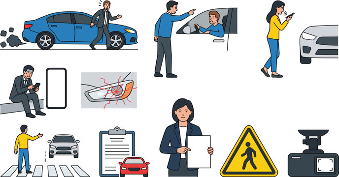 Car Accident and Road Safety Infographic Elements Set Showing Vehicle Collision, Angry Drivers, Jaywalking, Broken Headlight, Insurance Claim, and Dashcam Evidence