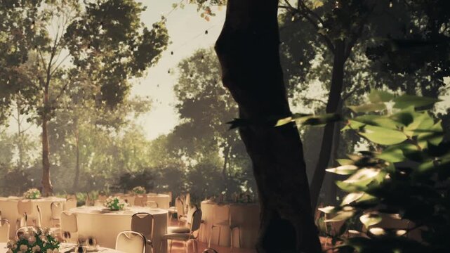 Tables are set with white cloths in a park. Green trees surround the area. The sun shines through the leaves, creating shadows and light patterns on the ground.