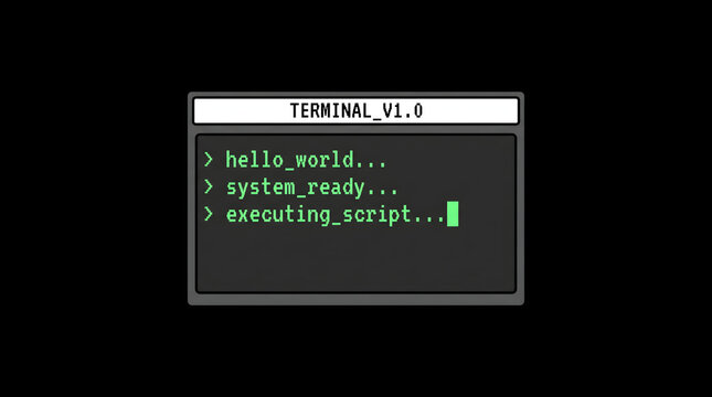 Retro terminal interface displaying system boot commands and green text script execution