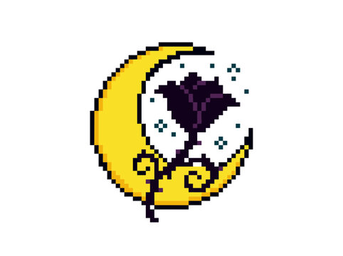 Pixel art crescent moon with dark rose silhouette