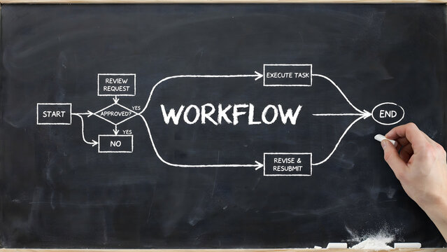 A hand drawing a flowchart of a business workflow process on a chalkboard