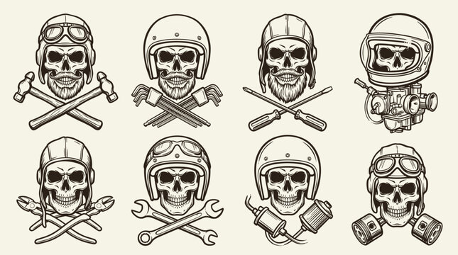 Skull biker with helmet and goggles collection. Vintage motorcycle garage repair tools set. Crossed wrenches and hammer logo design. Custom engine mechanic vector illustration.