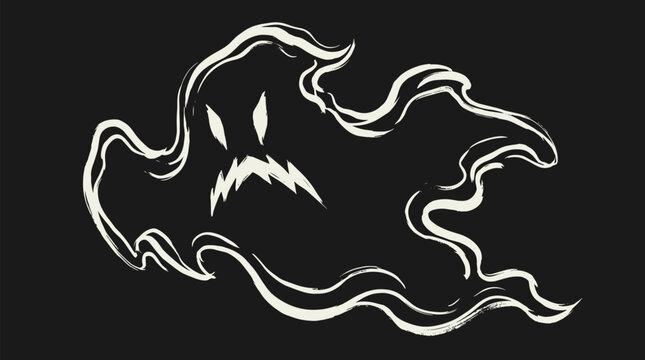 Scary ghost face illustration for halloween. Hand drawn brush stroke ghost silhouette. Spooky spirit character on dark background. Vintage grunge ghost sketch for print.