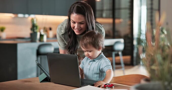 Teaching, child and mom with laptop in house, laughing and elearning with son with video on website. Online education, family and happy woman with tech, love and skill development for toddler in home