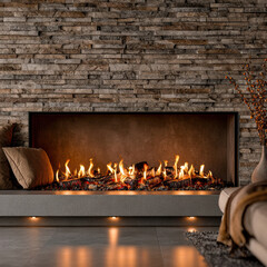 Naklejka premium Modern fireplace stone wall cozy pillows warm fire contemporary living room soft lighting autumn decor inviting atmosphere