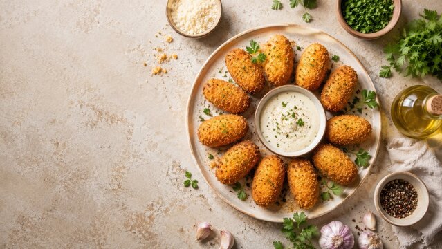 Delicious golden fried croquettes served on a plate with creamy dipping sauce.