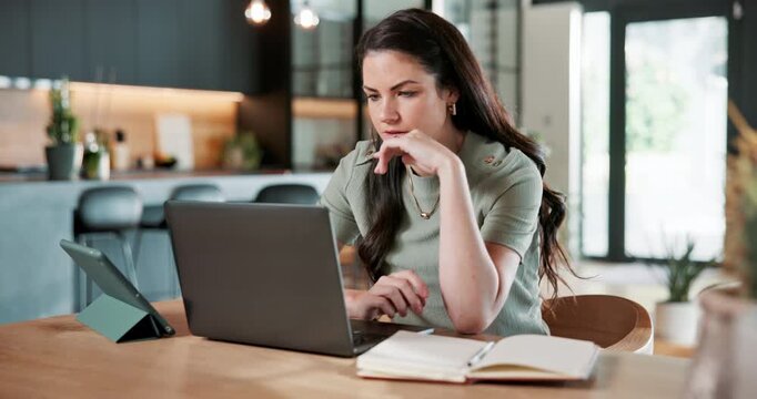 Thinking, woman and laptop at house for remote work, research and ideas for article headline. Thoughts, freelancer and proofreading in lounge with pc, review draft and solution for story publication