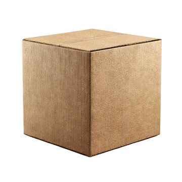 Square cardboard box made of brown corrugated paper isolated on transparent background