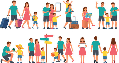 Fototapeta premium Happy Family Travel and Vacation Set with Parents and Son Carrying Luggage, Looking at Maps, Walking, and Enjoying Summer Holiday Trips