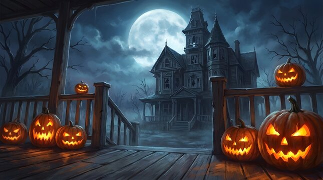 Spooky haunted house with glowing jack o lanterns on a porch under a full moon for halloween