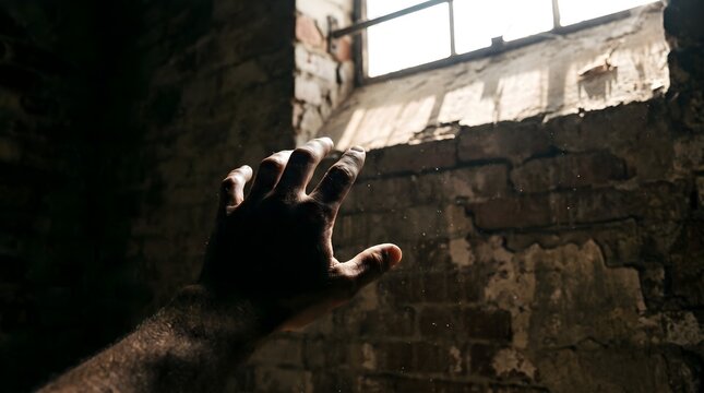 ​Hand reaching up toward bright sunlight beam from window in dark brick room