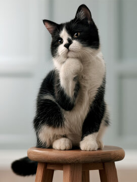 Black white cat sitting wooden stool thoughtful expression tuxedo pattern fluffy fur indoor soft light adorable pet whiskers