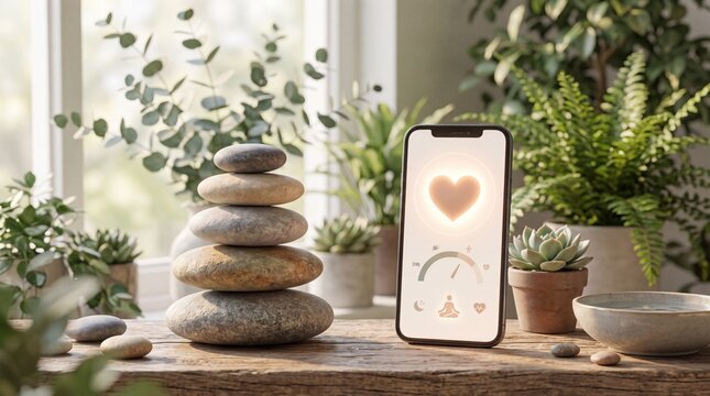 Balanced stones and a wellness app digital wellbeing concept