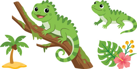 Cute cartoon iguana lizard character set with tropical palm tree and monstera hibiscus elements © Shukimon