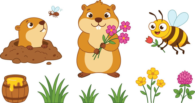 Cute cartoon gopher and honey bee character set with spring flowers isolated on white background