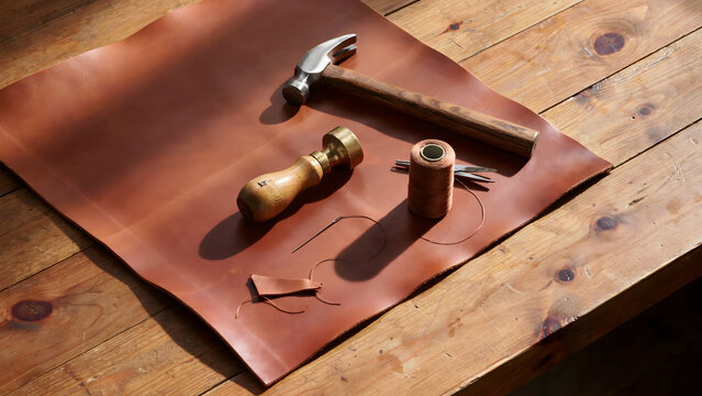 Leather crafting tools arranged on a piece of brown hide on a wooden table