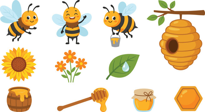 Cute cartoon honey bee character vector set with beehive sunflower and sweet honey elements