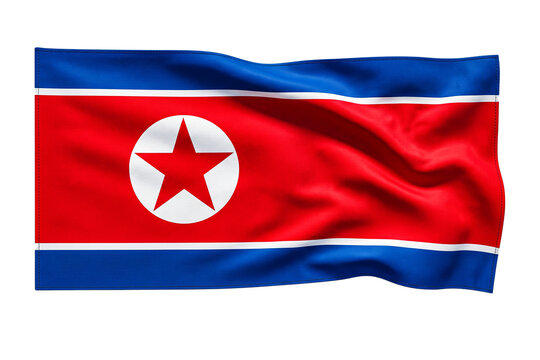 North korea flag waving over transparent background isolated realistic fabric texture star.