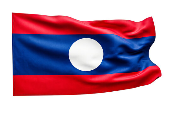 Laos flag waving over transparent background isolated realistic fabric texture circle sun.