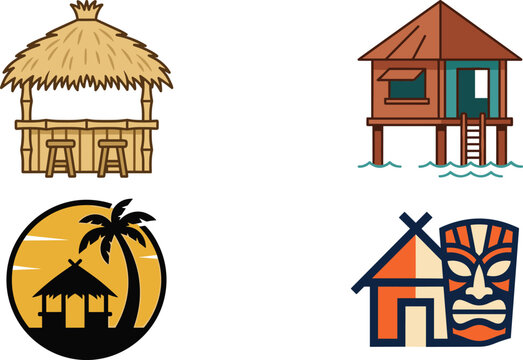 Tropical beach bar and water bungalow vector icon set with flat summer tiki elements