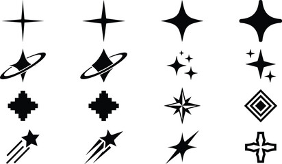 Fototapeta premium Black sparkle star vector icon set with y2k retro futuristic elements on white background