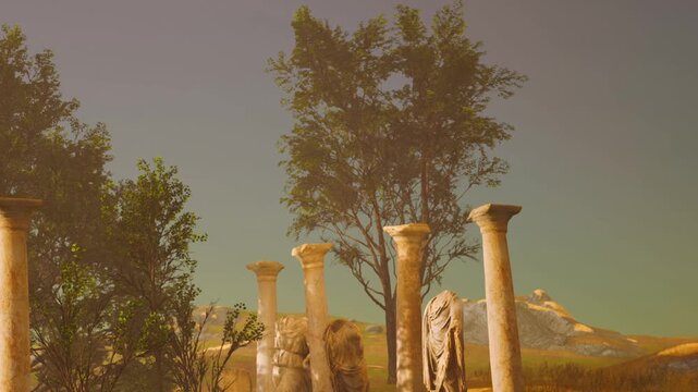 The scene shows several ancient columns and statues in a dry field. A tree stands nearby against a clear sky. The sunlight casts shadows on the ground, highlighting the ruins.